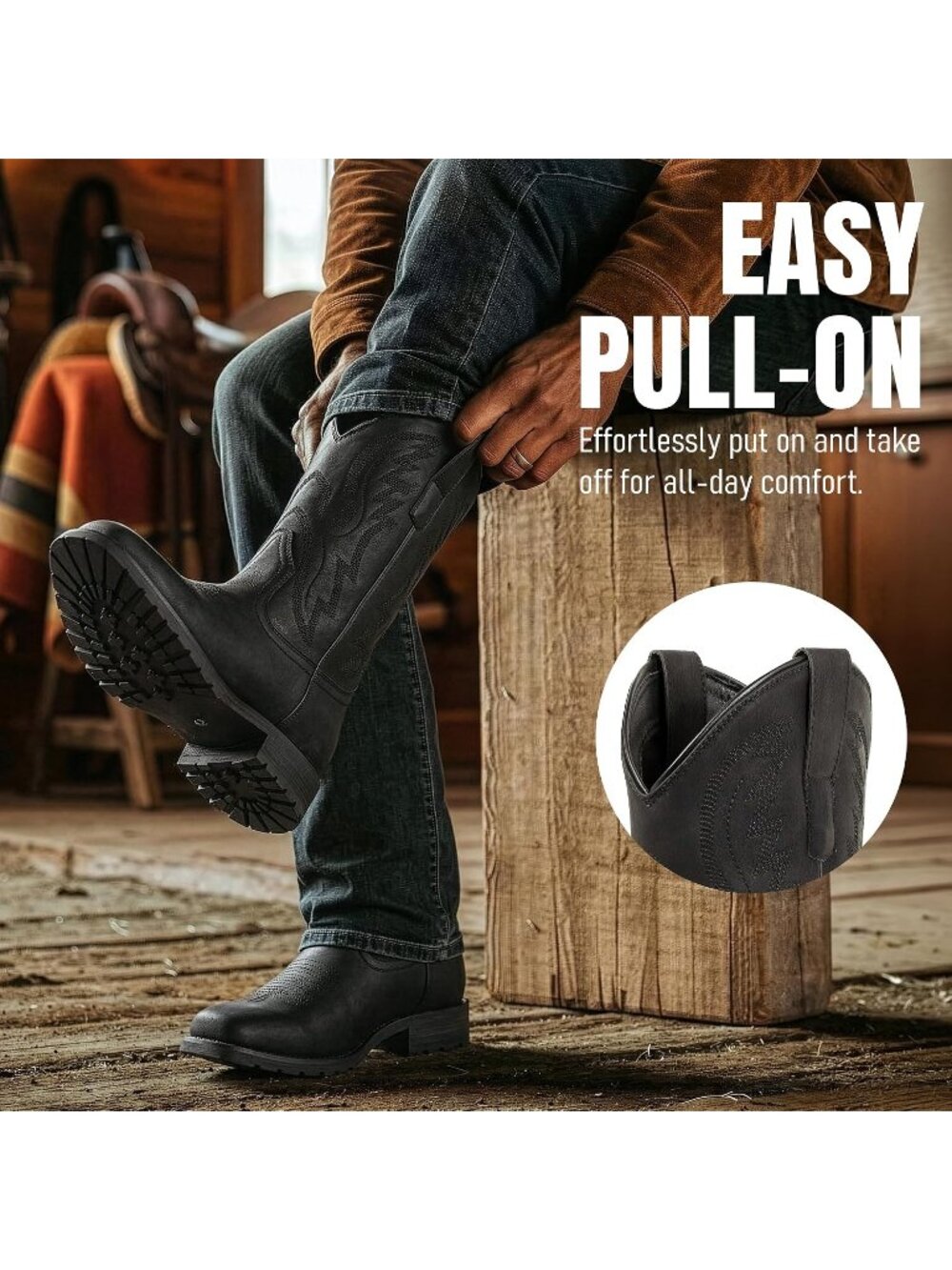 Men’s Black Round Toe Cowboy Boots Western Boots - Picture 3 of 6